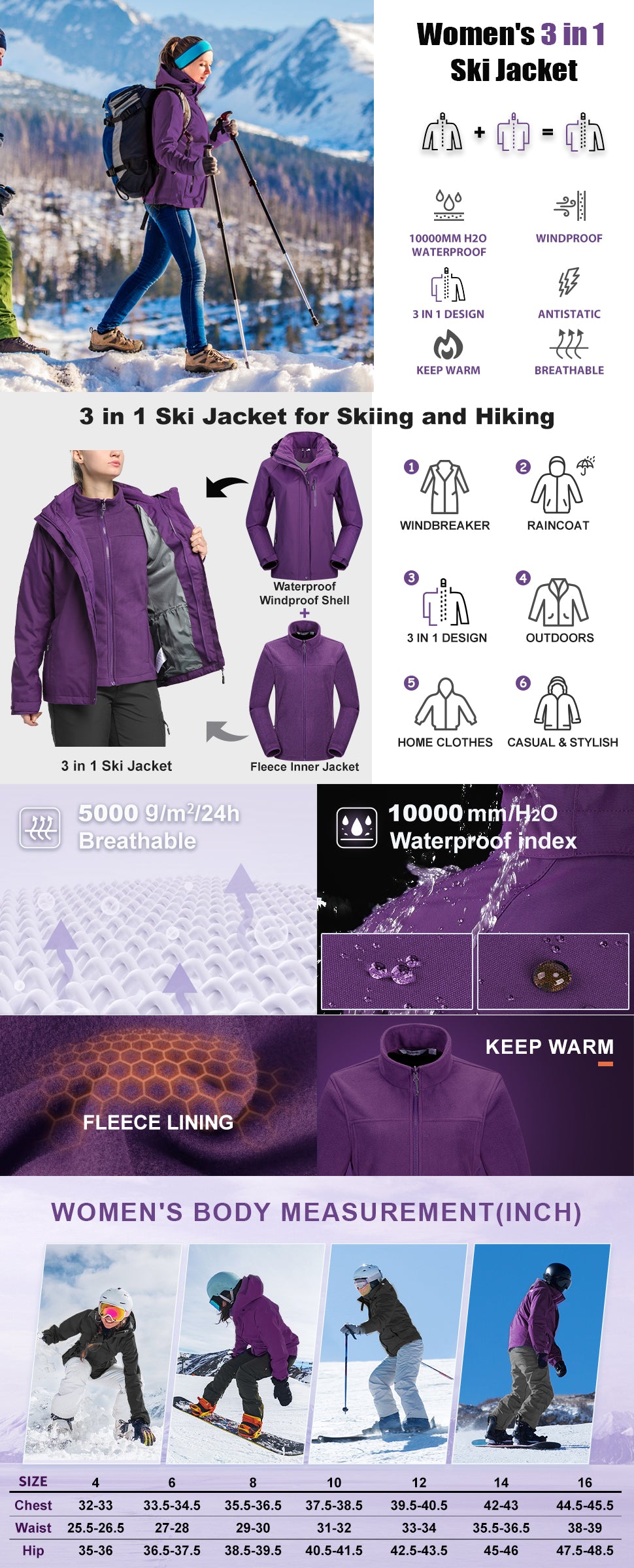 Women's Waterproof 3-IN-1 Ski Jacket, Warm Fleece Insulated Winter Snow Coat Windproof Rain Jacket Parka Hiking