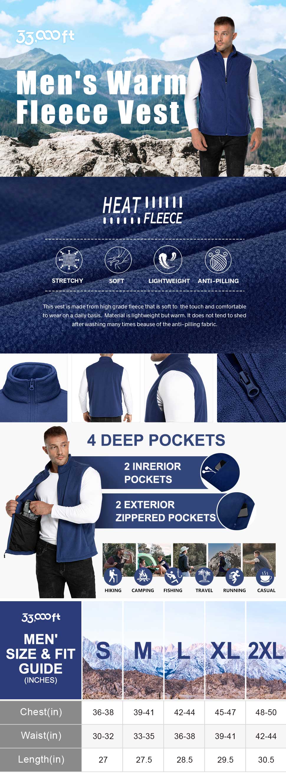 Men's Fleece Vest, Lightweight Warm Zip Up Polar Vests Outerwear with Zipper Pockets, Sleeveless Jacket for Winter