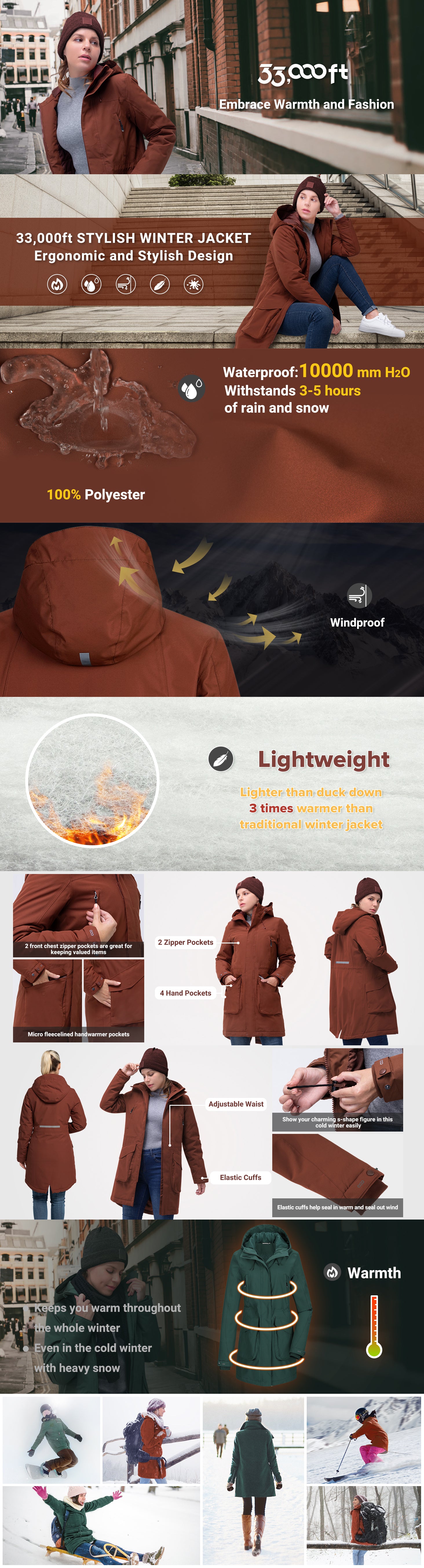 Women's Parka Coat With Hood, Long Insulated Military Jacket Thermal Thickened Windproof Winter Coat