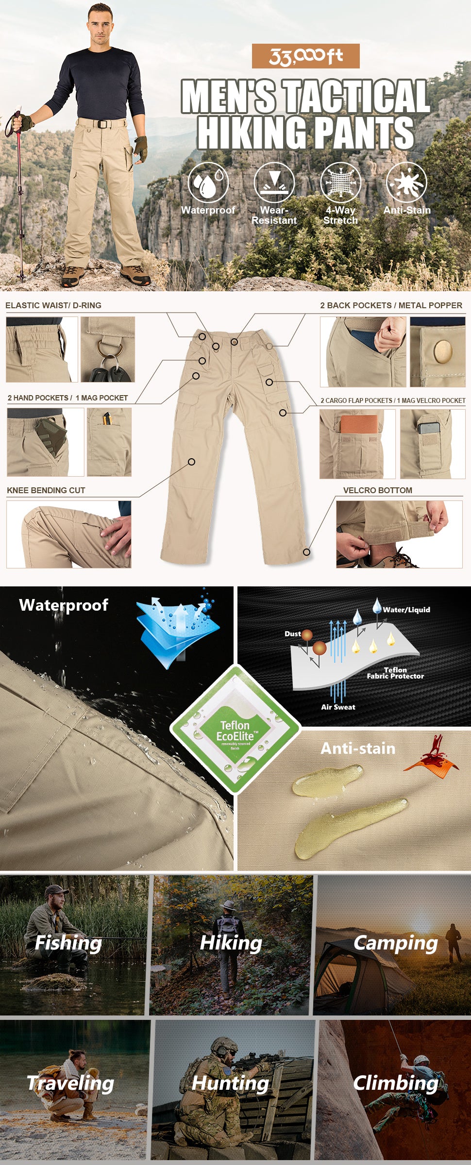 Men's Tactical Pants, Water-Resistant Ripstop Cargo Pants, Lightweight Hiking Work Pants, Outdoor Apparel Black