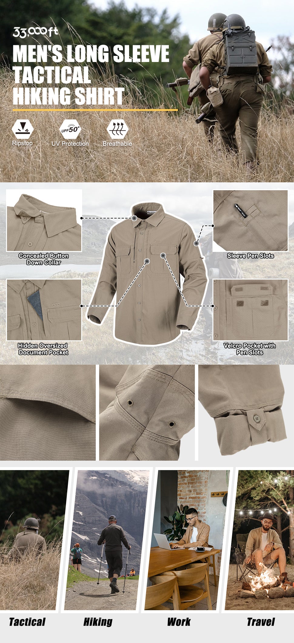 Men's Long Sleeve Tactical Shirts Ripstop Military Lite Button-Down Work Shirts Casual Hiking Fishing Dark Green