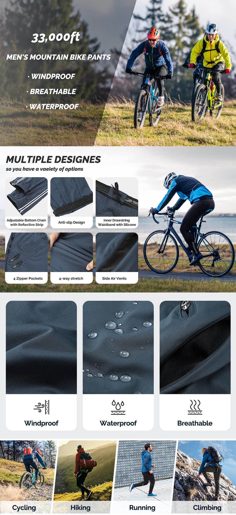 33,000ft Men's Waterproof Cycling Pants, Windproof Breathable Athletic Mountain Bike Pants Running Hiking Sweatpants Sports