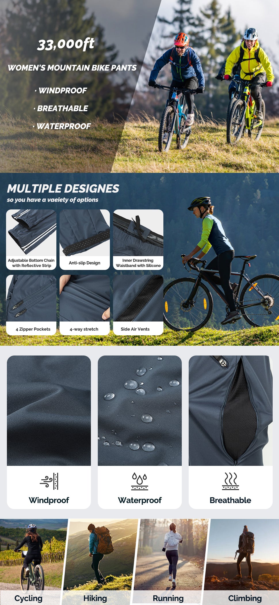 Women's Cycling Pants Mountain Bike Waterproof Windproof Breathable Athletic Sweatpants for Hiking Multi Sports Black