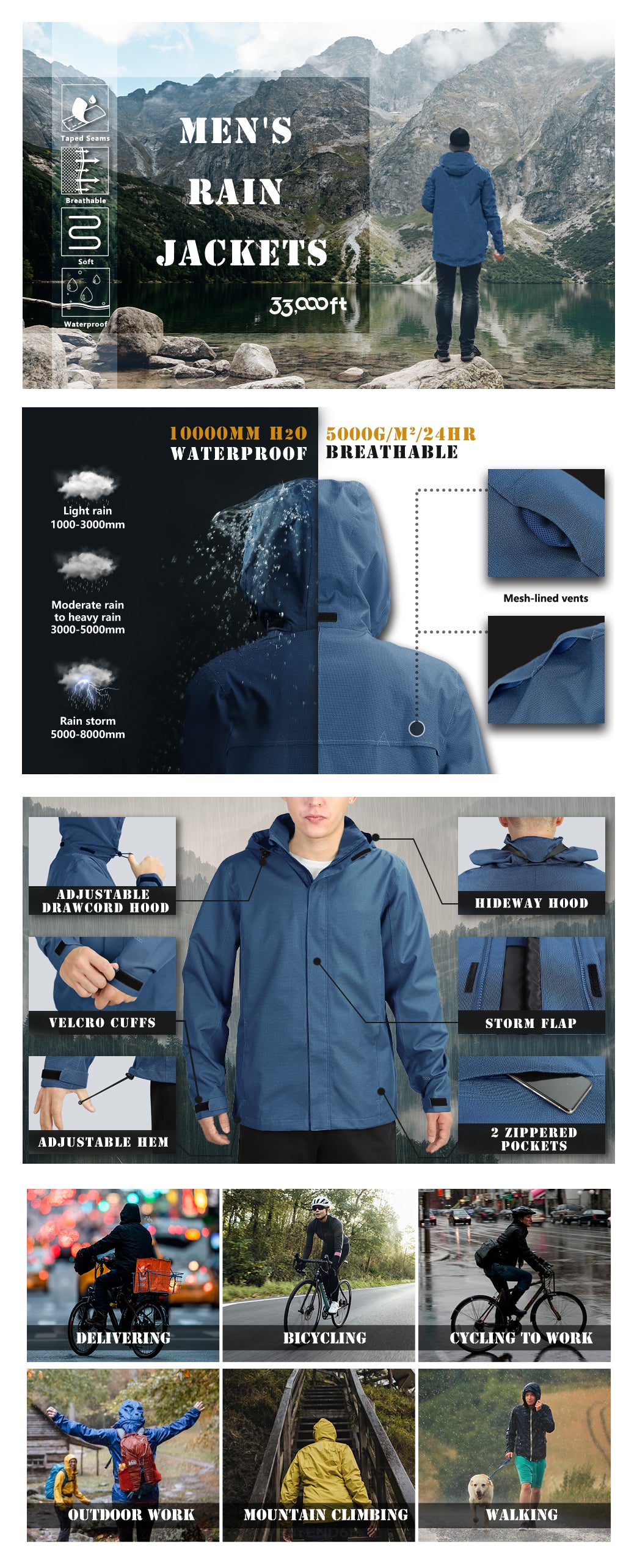 1.34 lbs/10000 mmH2O Index/5000 Level Breathable  Men's Rain Jacket with 2 Multi Pockets