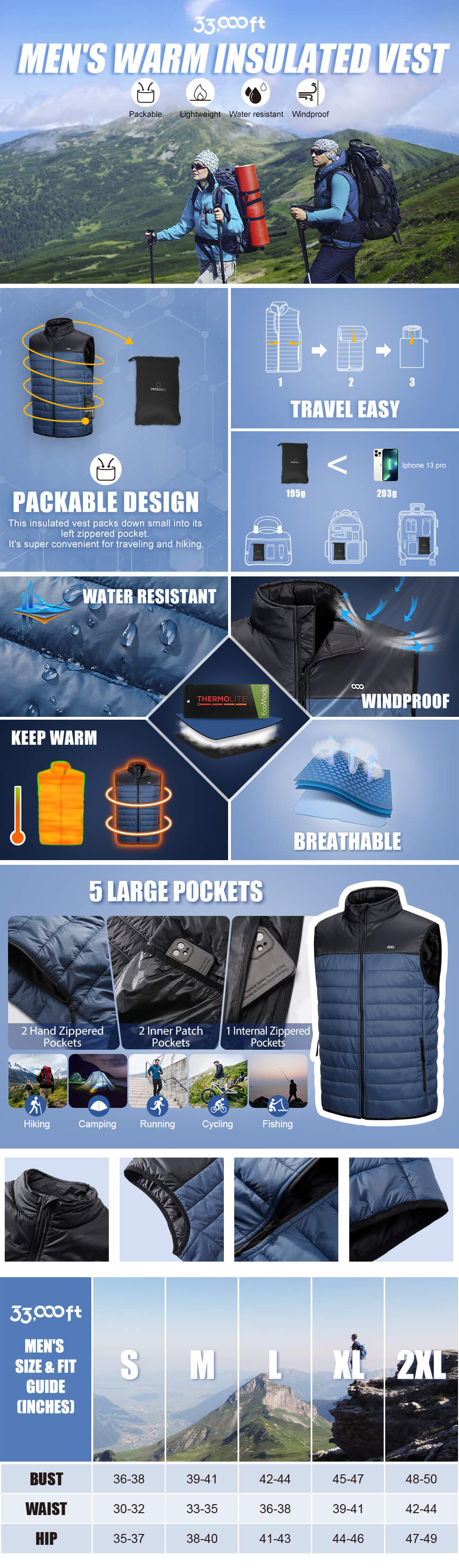 Men's Lightweight Packable Insulated Puffer Vest Outerwear, Warm Winter Sleeveless Jacket for Golf Running
