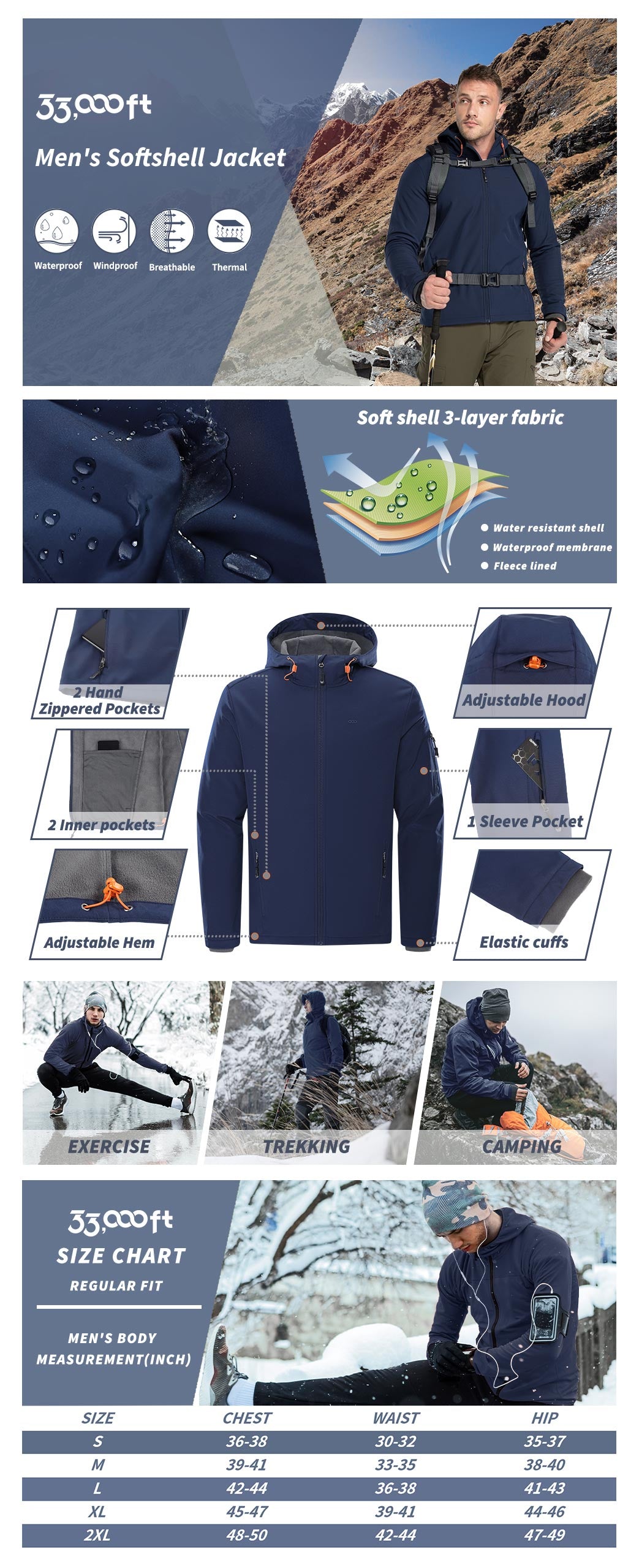 Men's Softshell Jacket Fleece Lined, Water Resistant Winter Warm Shell Jacket Coat Lightweight Outdoor Hiking
