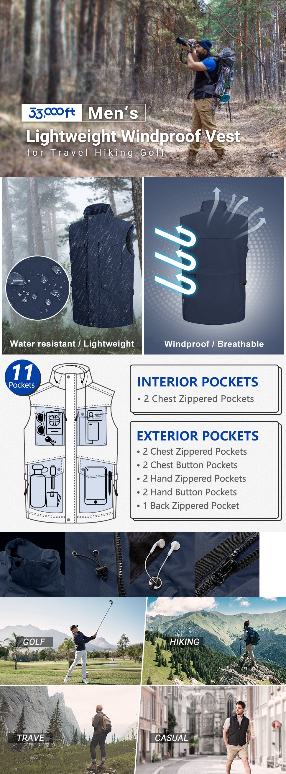 Men's Travel Vest Outerwear, Lightweight Golf Safari Vest Multi-Pockets Sleeveless Jacket for Fishing Summer Outdoor