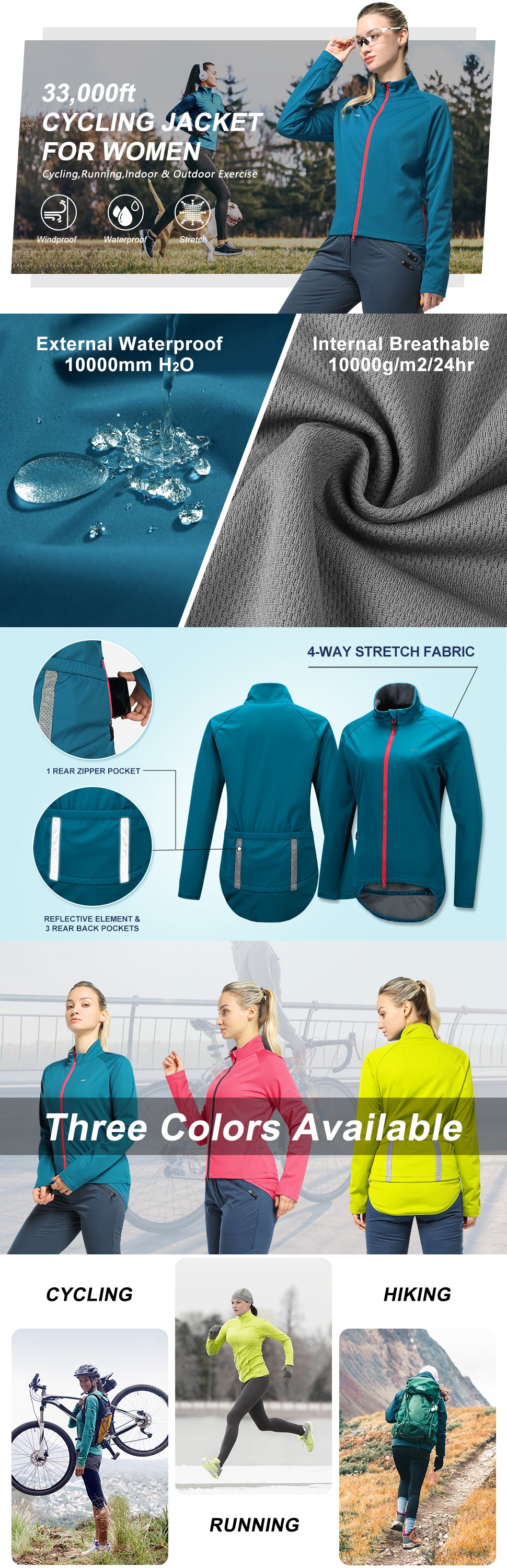 Women's Cycling Jacket Long Sleeve Thermal Waterproof MTB Bike Workout Running Jacket Windproof Reflective