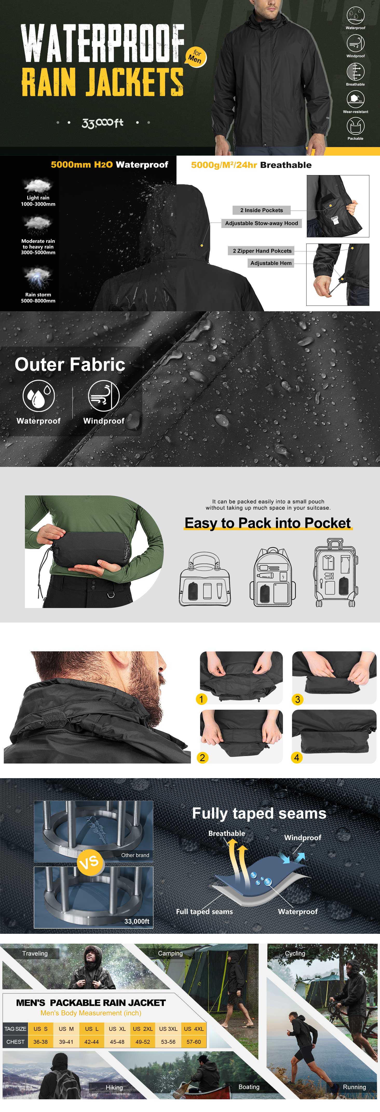 Packable Rain Jacket Men's Lightweight Waterproof Rain Shell Jacket Raincoat with Hood for Golf Cycling Windbreaker