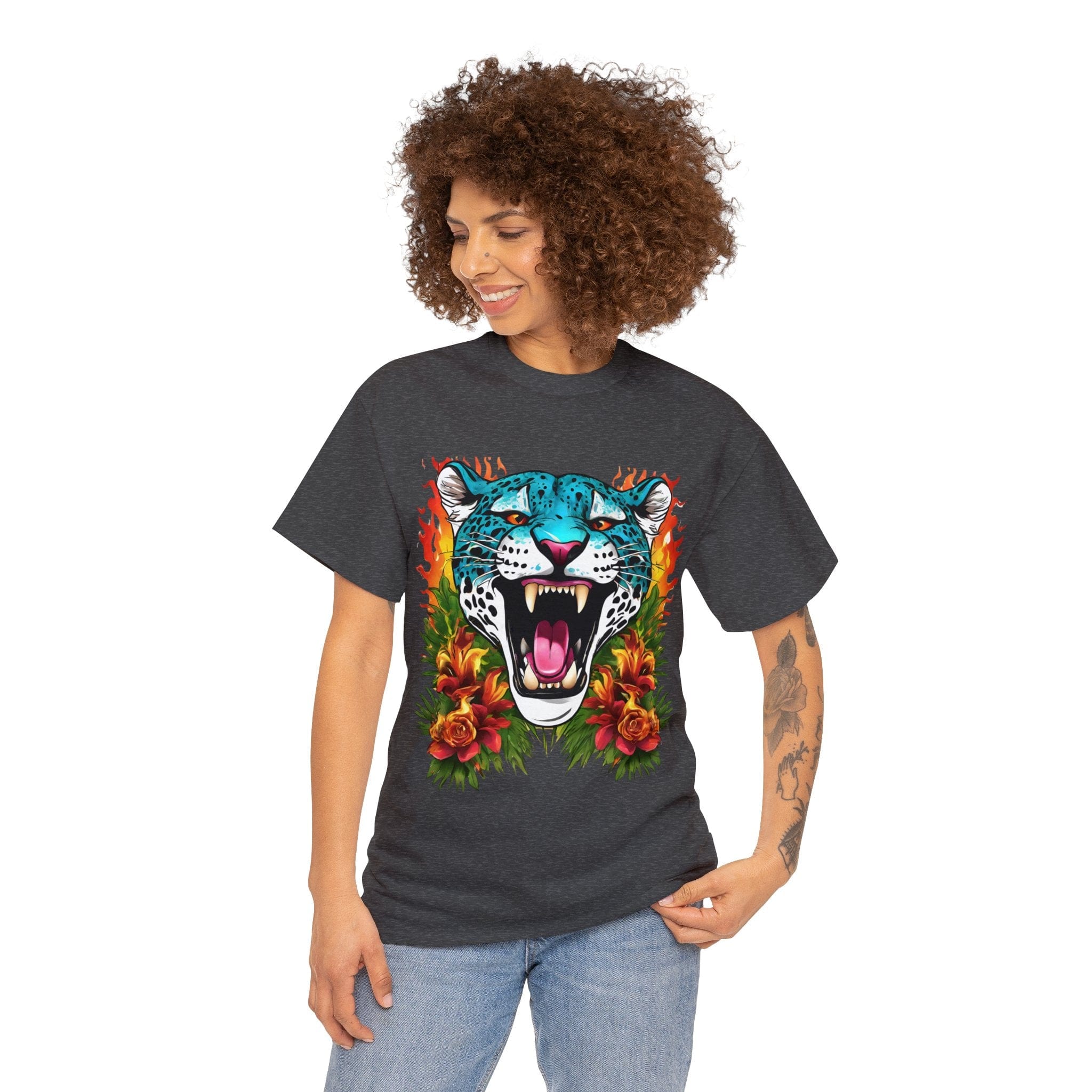 Jaguar Shirt Vintage Jaguar Big Cat Shirt Tiger Shirt Blue Jaguar T Shirt Blue Jaguar Flame and Roses Tee Big Cats Lover Tee Animal Shirt Floral Shirt Floral Jaguar Unisex Heavy Cotton Tee Flashlander