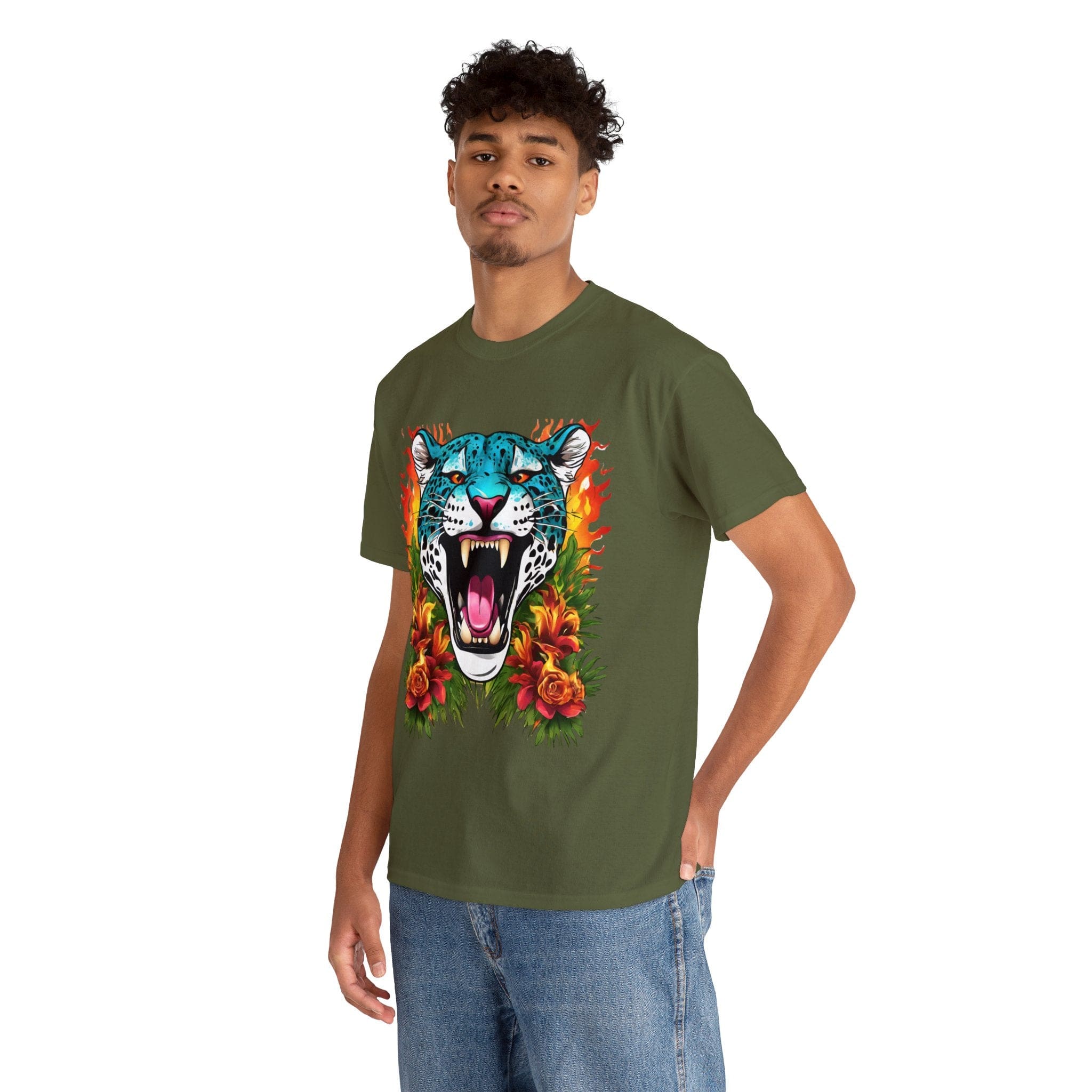 Jaguar Shirt Vintage Jaguar Big Cat Shirt Tiger Shirt Blue Jaguar T Shirt Blue Jaguar Flame and Roses Tee Big Cats Lover Tee Animal Shirt Floral Shirt Floral Jaguar Unisex Heavy Cotton Tee Flashlander