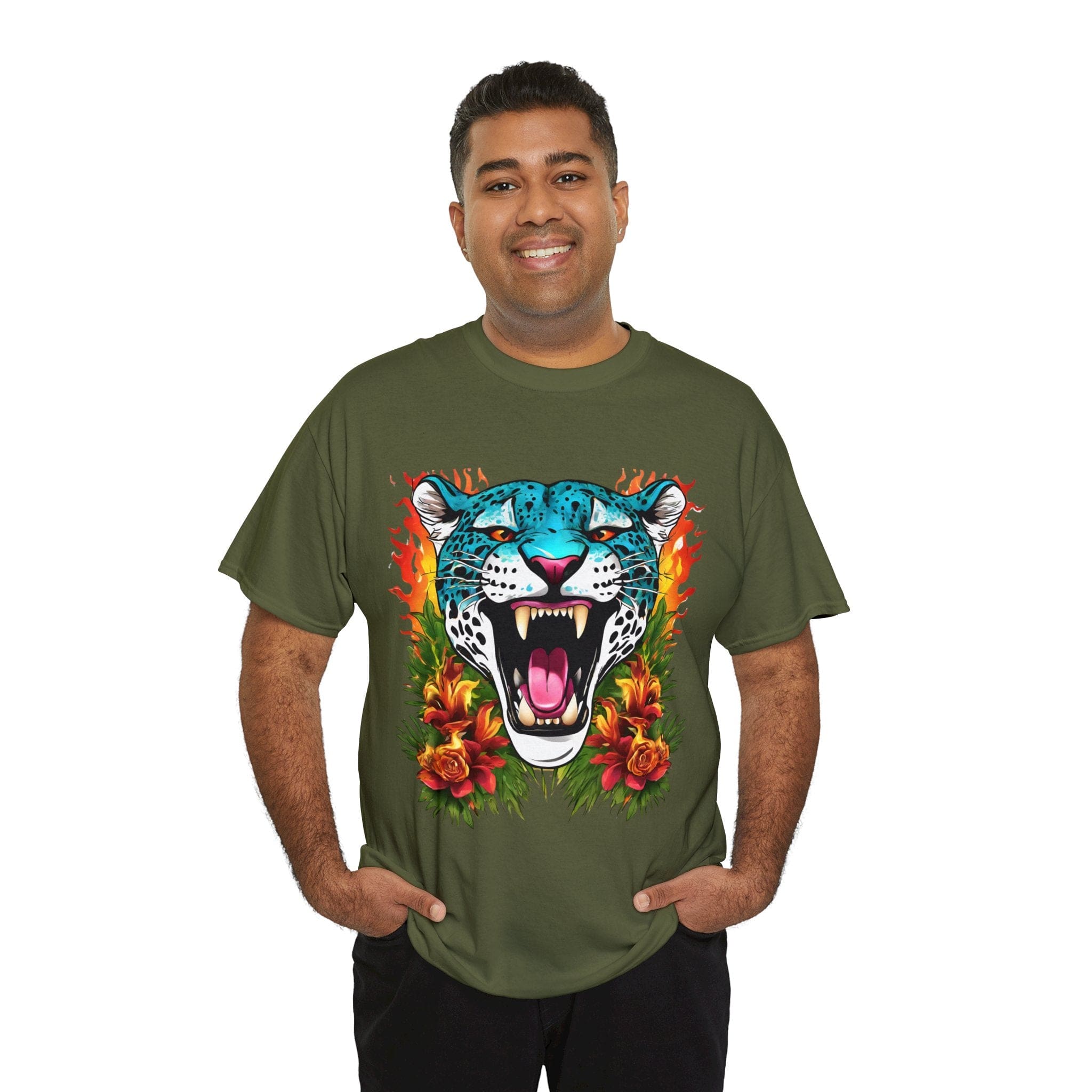 Jaguar Shirt Vintage Jaguar Big Cat Shirt Tiger Shirt Blue Jaguar T Shirt Blue Jaguar Flame and Roses Tee Big Cats Lover Tee Animal Shirt Floral Shirt Floral Jaguar Unisex Heavy Cotton Tee Flashlander