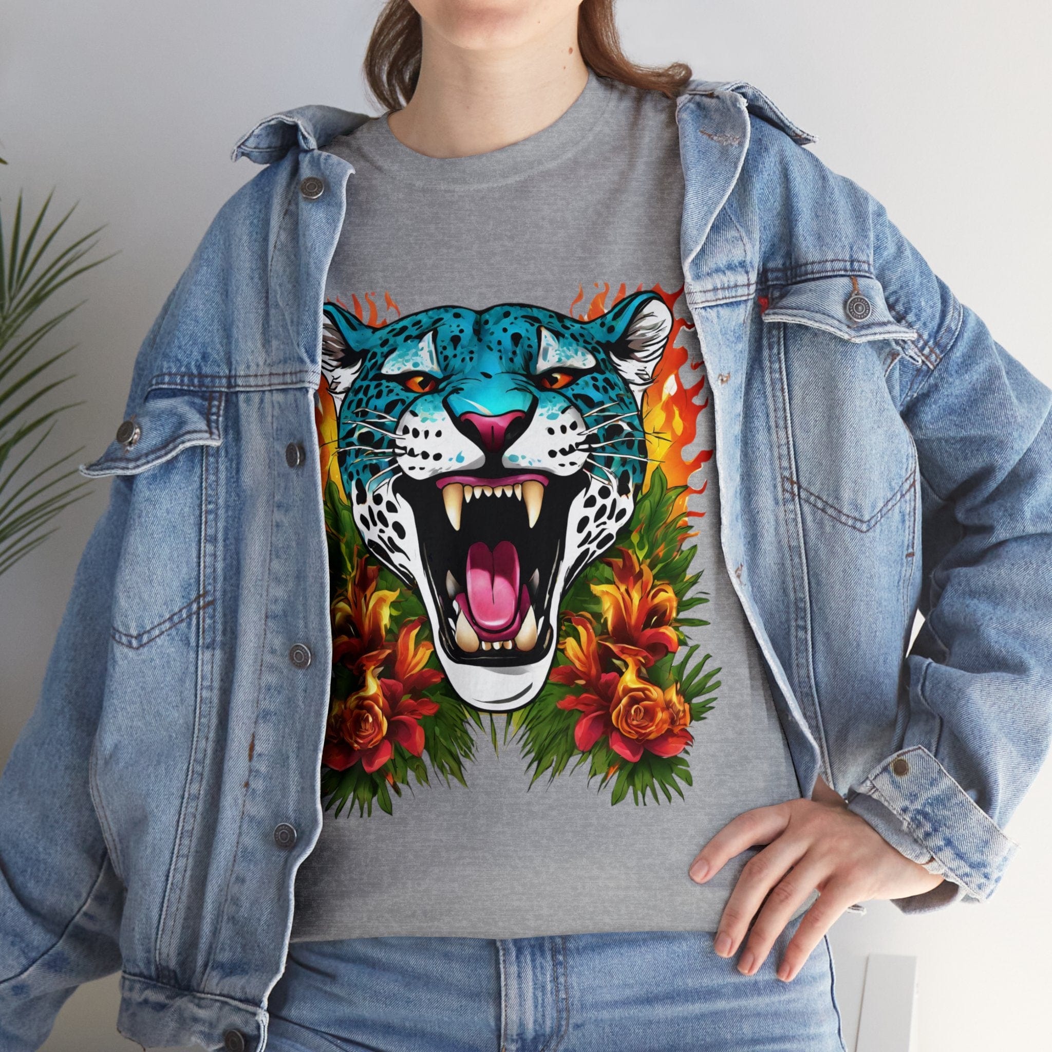 Jaguar Shirt Vintage Jaguar Big Cat Shirt Tiger Shirt Blue Jaguar T Shirt Blue Jaguar Flame and Roses Tee Big Cats Lover Tee Animal Shirt Floral Shirt Floral Jaguar Unisex Heavy Cotton Tee Flashlander