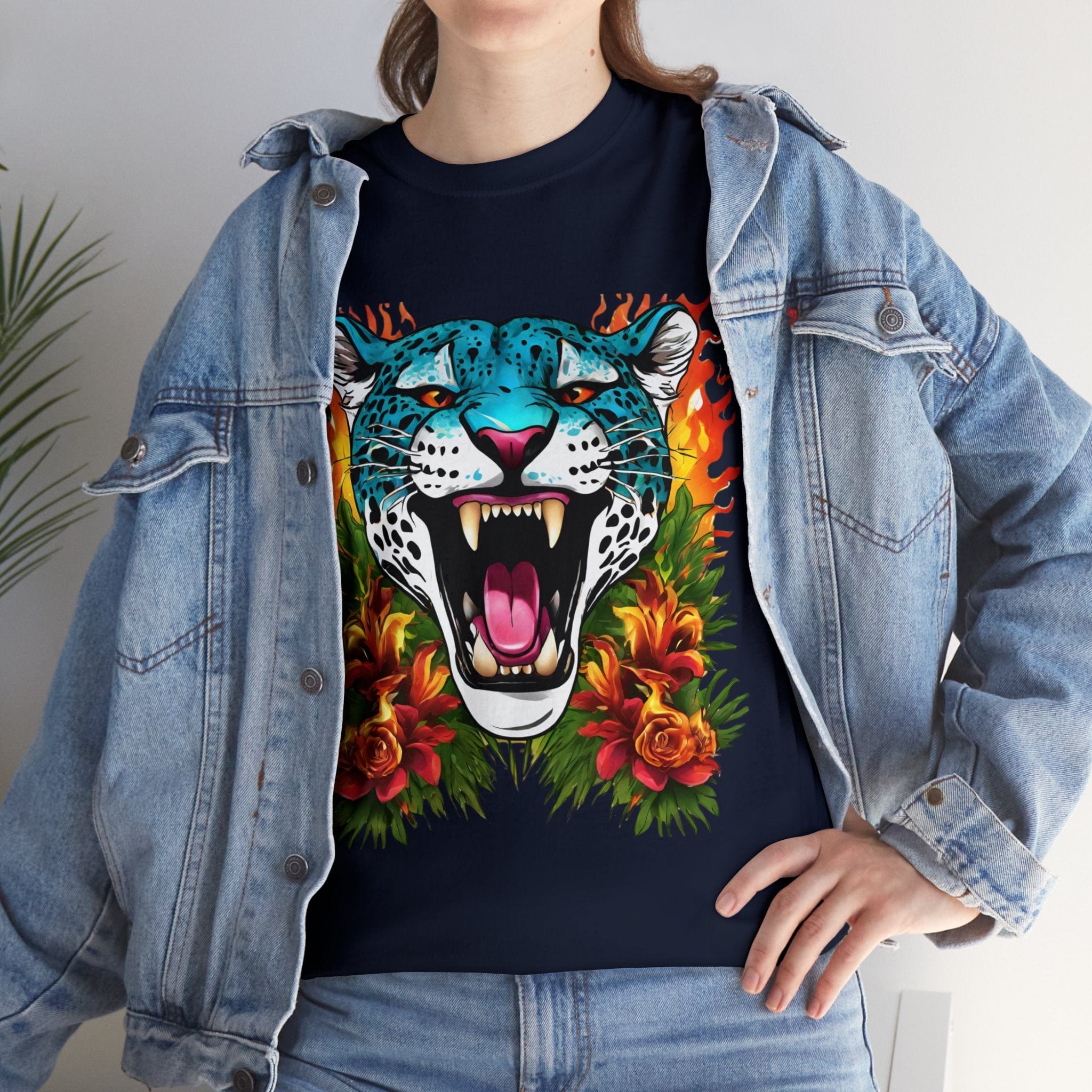 Jaguar Shirt Vintage Jaguar Big Cat Shirt Tiger Shirt Blue Jaguar T Shirt Blue Jaguar Flame and Roses Tee Big Cats Lover Tee Animal Shirt Floral Shirt Floral Jaguar Unisex Heavy Cotton Tee Flashlander