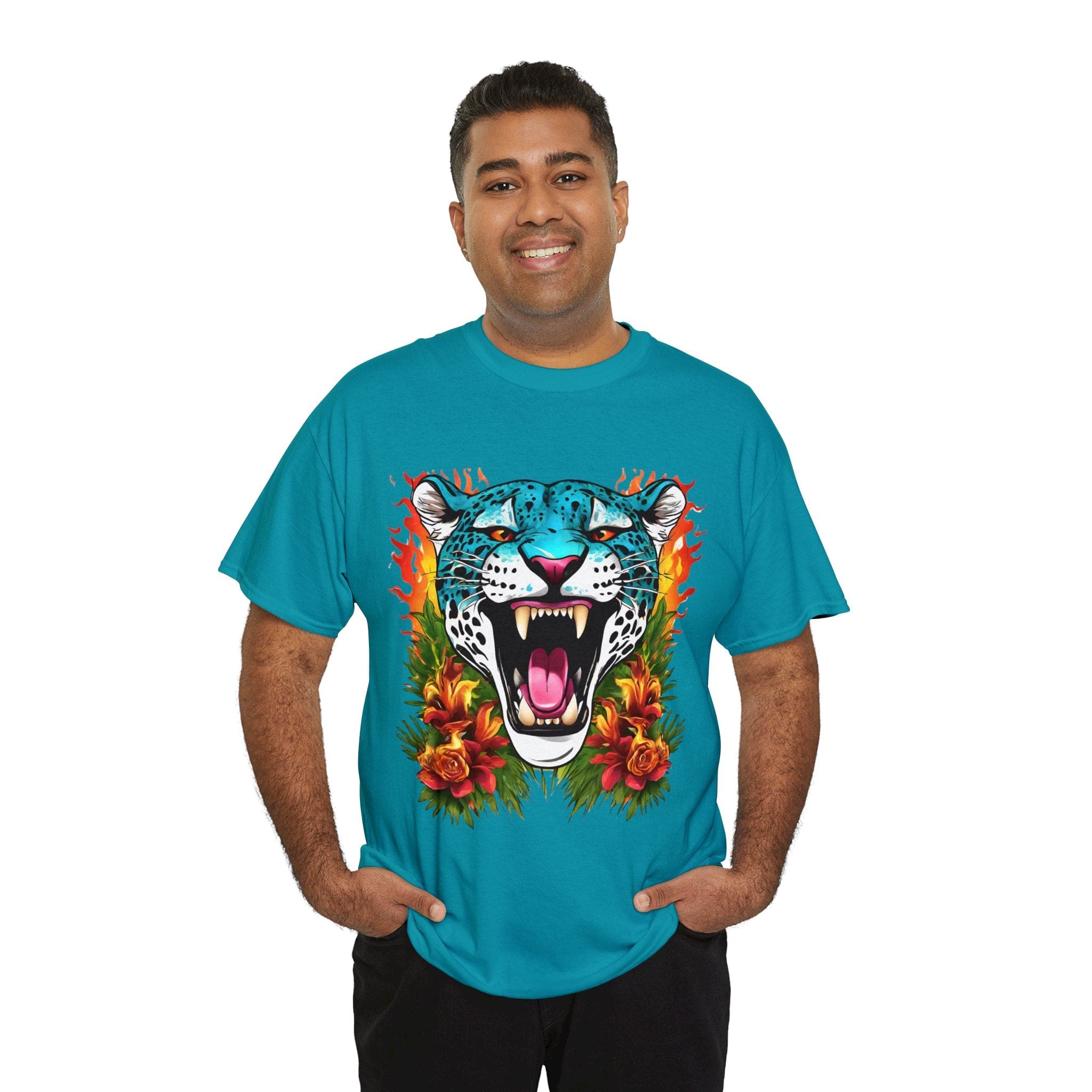 Jaguar Shirt Vintage Jaguar Big Cat Shirt Tiger Shirt Blue Jaguar T Shirt Blue Jaguar Flame and Roses Tee Big Cats Lover Tee Animal Shirt Floral Shirt Floral Jaguar Unisex Heavy Cotton Tee Flashlander