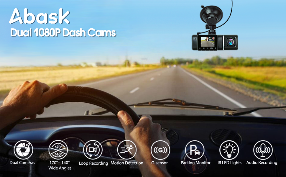 Abask A8 Dashcam Front and Inside 4K 1080P Dual cam - Angle 170°/140° With  Night Vision，GPS，Parking Mode，G-Sensor，Loop Recording，WDR - With 32GB Card