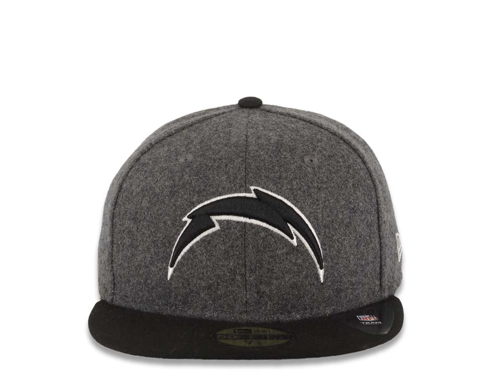 San Diego Chargers New Era NFL 59FIFTY 5950 Fitted Cap Hat Melton Gray Crown Black Visor Black/White Logo