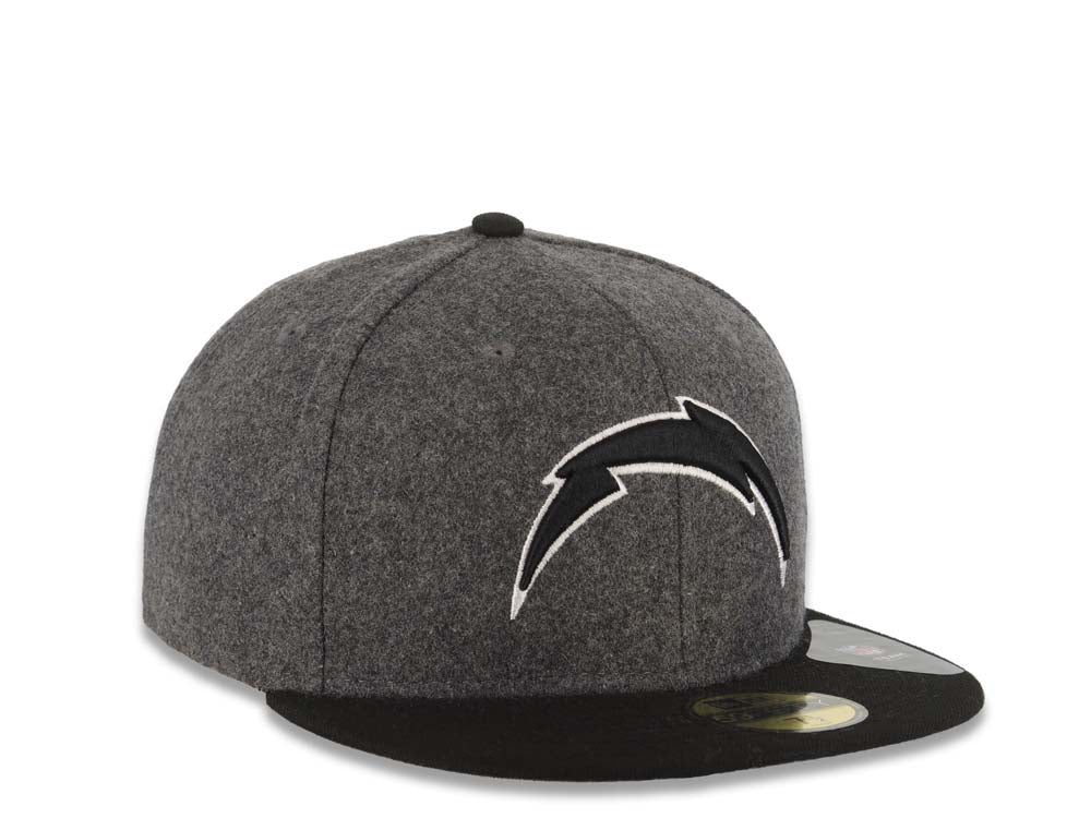 San Diego Chargers New Era NFL 59FIFTY 5950 Fitted Cap Hat Melton Gray Crown Black Visor Black/White Logo