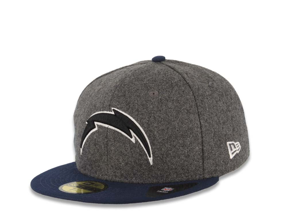 San Diego Chargers New Era NFL 59FIFTY 5950 Fitted Cap Hat Melton Gray Crown Navy Visor Black/White Logo