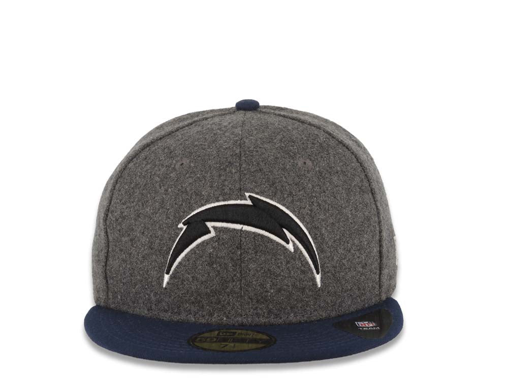 San Diego Chargers New Era NFL 59FIFTY 5950 Fitted Cap Hat Melton Gray Crown Navy Visor Black/White Logo