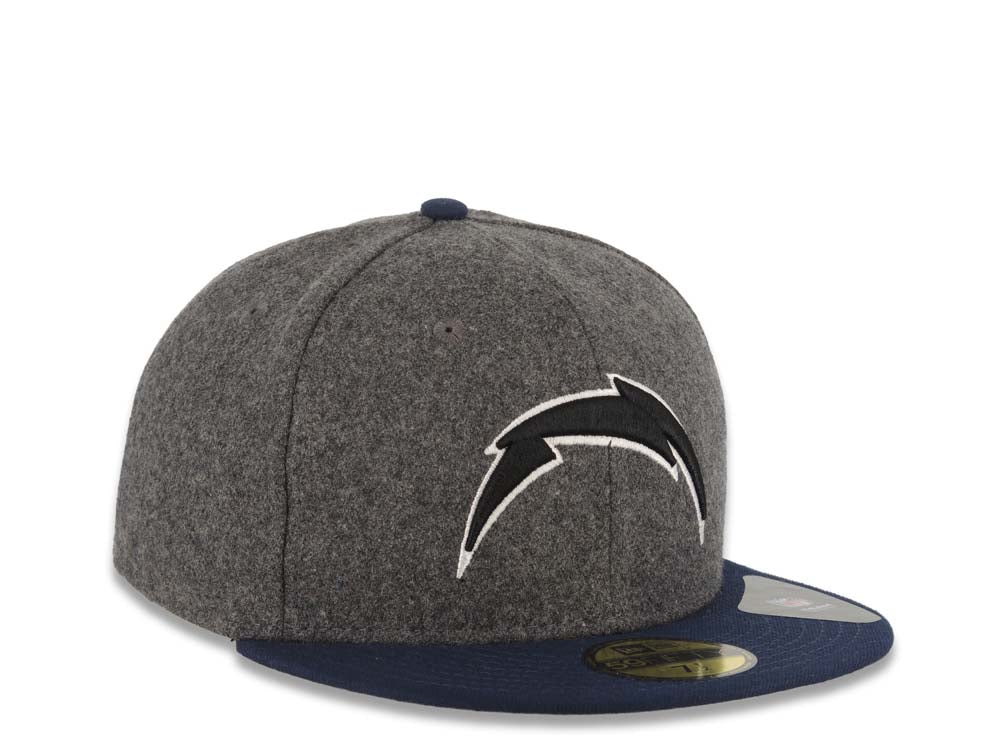 San Diego Chargers New Era NFL 59FIFTY 5950 Fitted Cap Hat Melton Gray Crown Navy Visor Black/White Logo