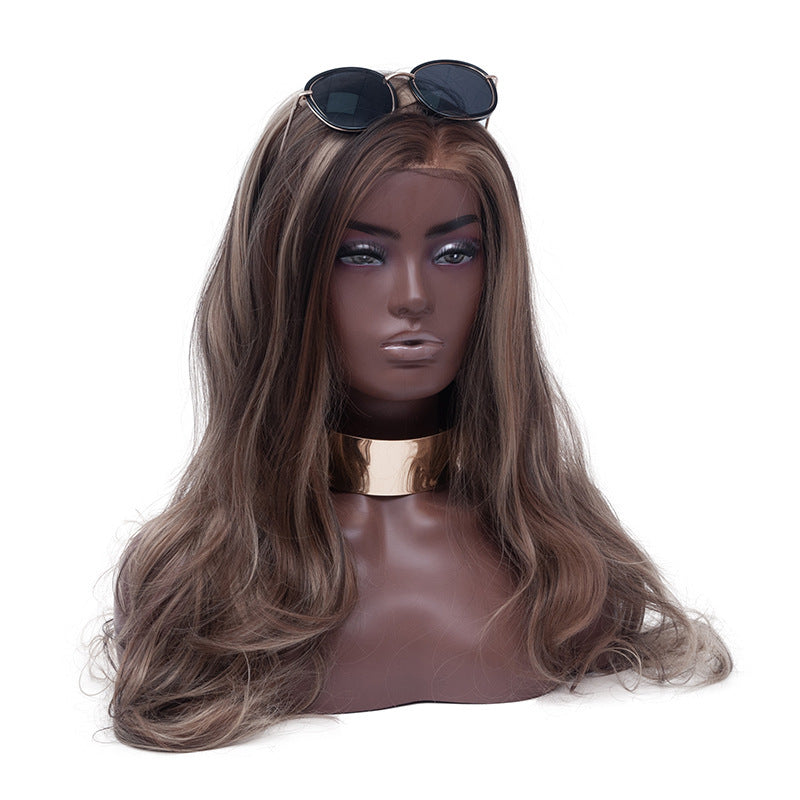 Female Head Wig with Double Shoulder and Sunglasses Model Prop, Dark Skin