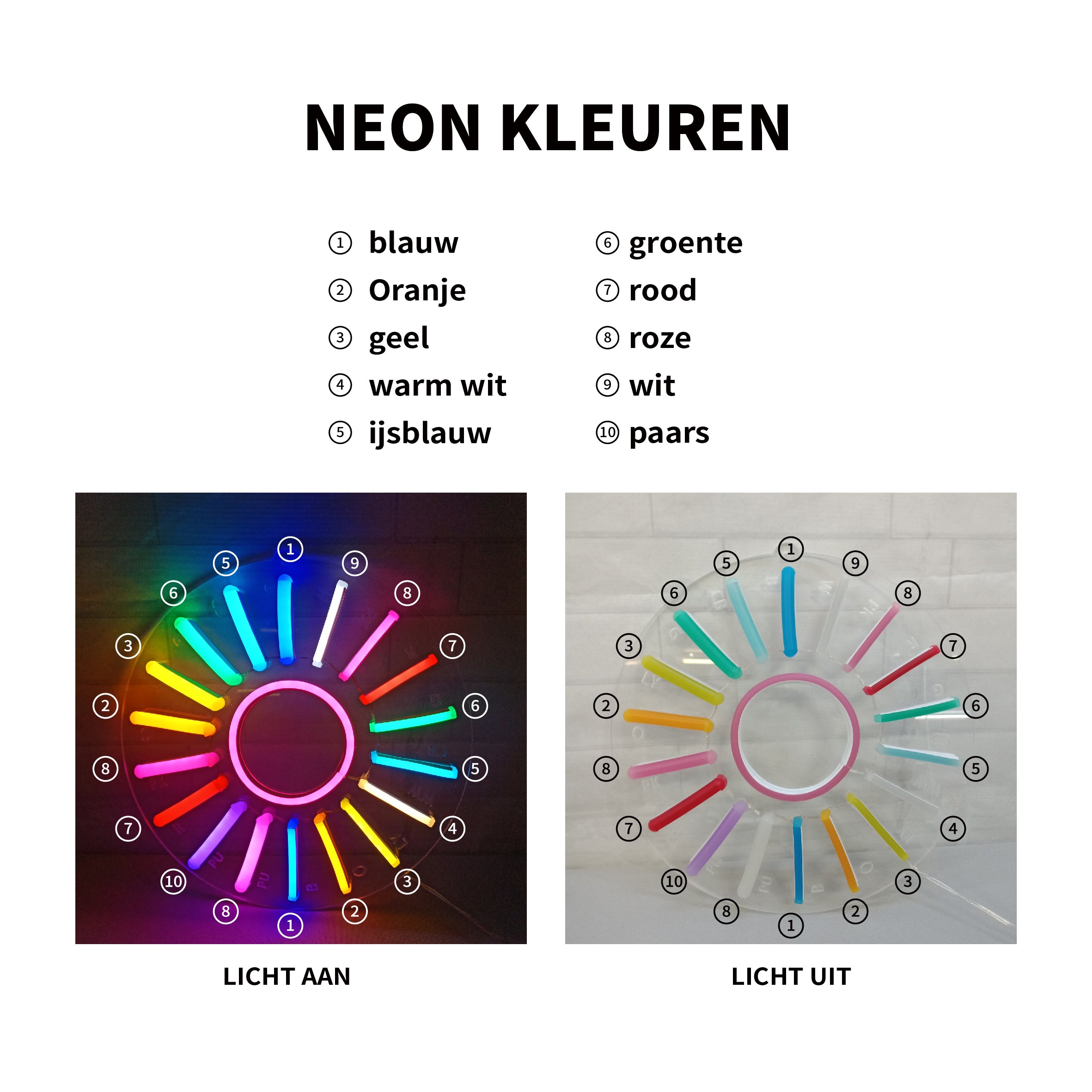 Kleurenwiel met beschikbare kleuren voor HAPPYNEON-neonborden