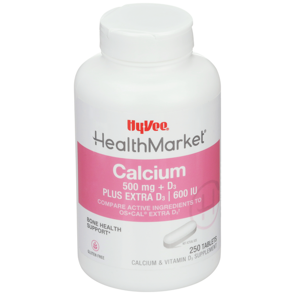 Hy-Vee HealthMarket Calcium 500mg + D3 Extra D3 Calcium Supplement Tablets
