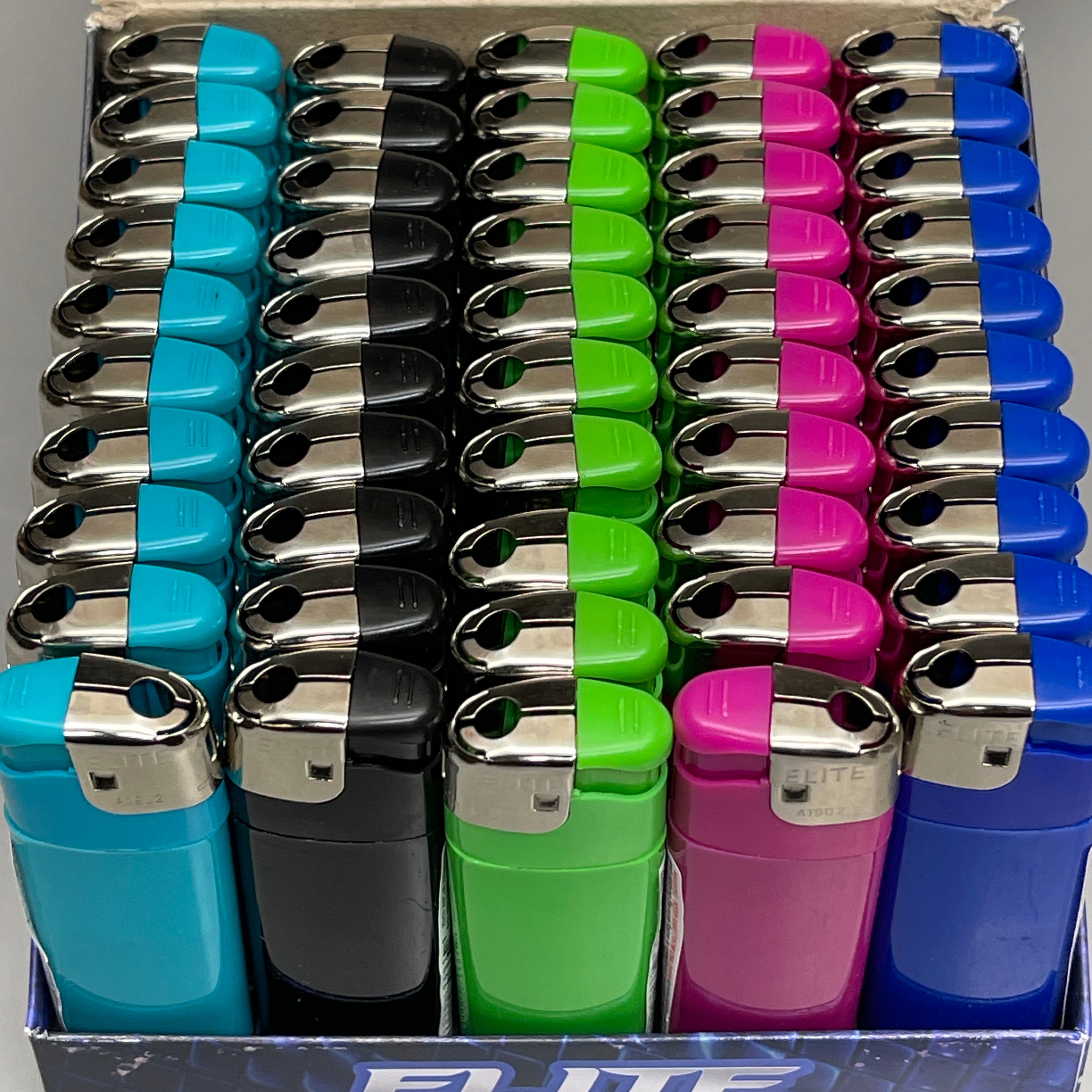 ELITE BRANDS 50-PACK! Elite Electronic Lighter Refillable Multi-Color (new)