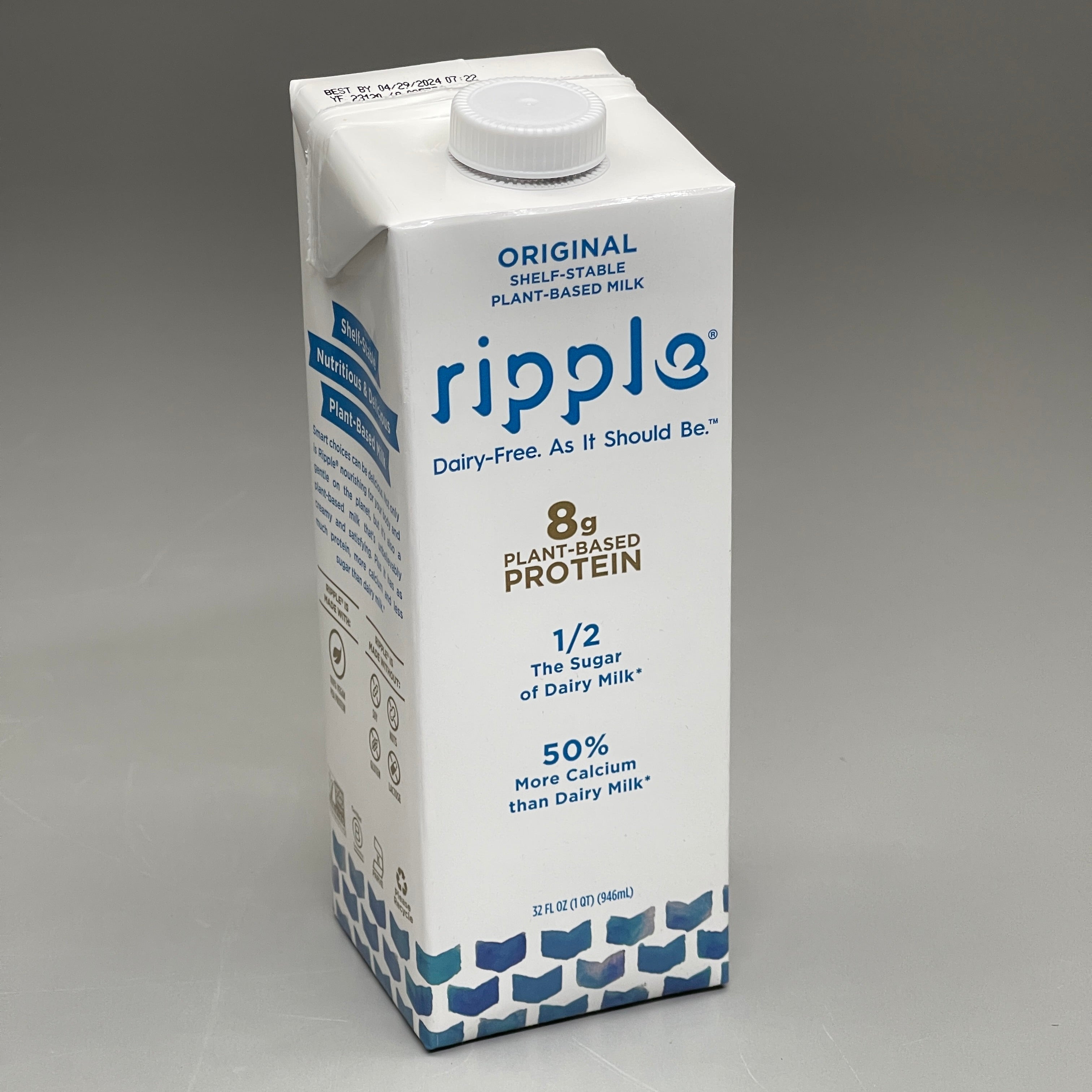 ZA@ RIPPLE (6 PACK) Non-Dairy Milk Original Vegan Gluten Free 32 oz BB 04/29/2024 F