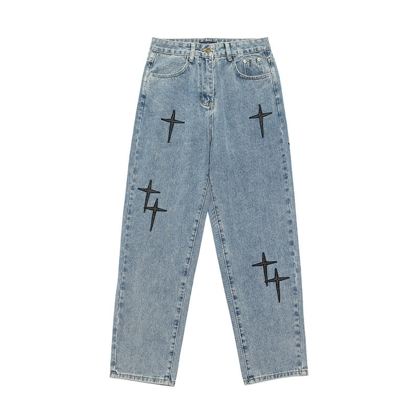 Wide Leg Cross Star Denim Baggy Jean Pants