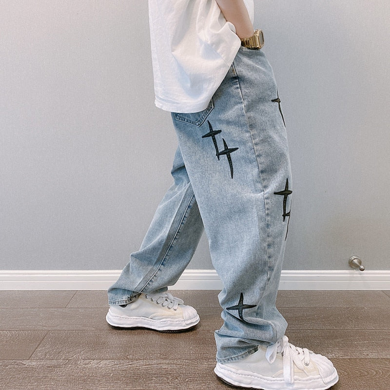 Wide Leg Cross Star Denim Baggy Jean Pants