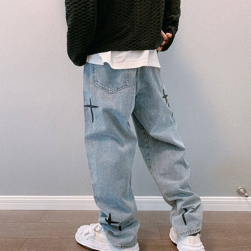 Wide Leg Cross Star Denim Baggy Jean Pants