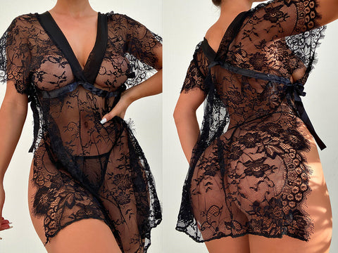 Woman in Black Lace Sexy V Neck Lingerie Set