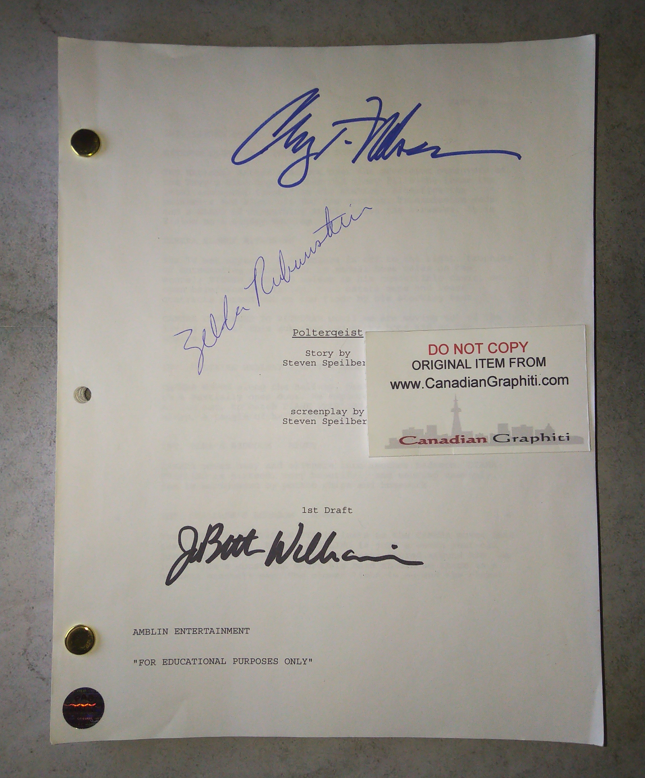 Poltergeist Cast Signed Script COA Craig T Nelson, JoBeth Williams & Zelda Rubinstein