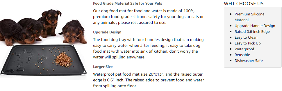 Kindga Pet Food Mat Waterproof Dog Mat XL (24x16) or L (20"x13") – 0.5 inch Raised Edge, Dog Cat Silicone Feeding Placemat Water Bowl Tray for Floors, Nonslip Washable Dog Mat for Food and Water