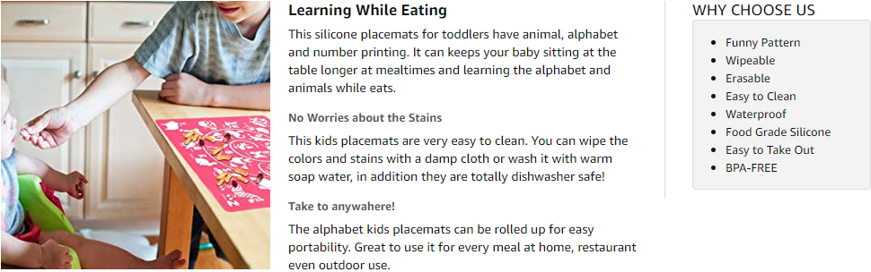 Silicone Placemats for Kids - Learning Alphabet Animals Number for Toddlers on Dining Table, Erase Washable Reusable Play Mats Set of 2