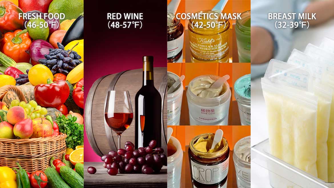 Smad appliances - Ideal Temperature Ranges for Fresh Food, Red Wine, Cosmetics Mask, Breast Milk and Ice Cream.