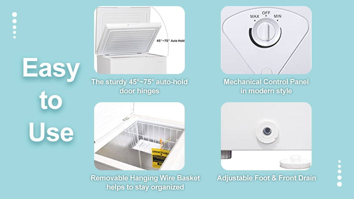 Smad appliances freezer - easy to use with sturdy auto-hold door hinges, modern mechanical control panel, removable hanging wire basket for organization, and adjustable foot & front drain