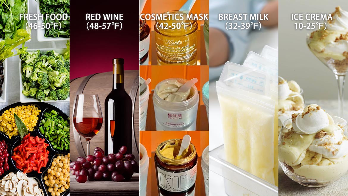 Smad appliances - Multiple Temperature Zones: Fresh food (46-50℉), Red Wine (48-57℉), Cosmetics Mask (42-50℉), Breast Milk (32-39℉), and Ice Cream (10-25℉).