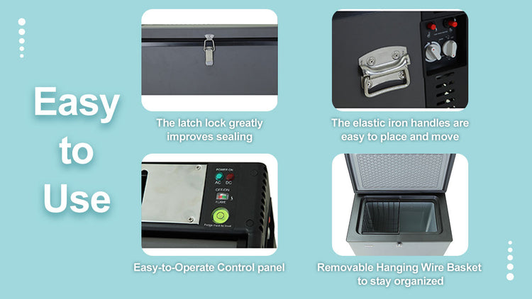 Smad rv fridge freezer, with latch lock, user-friendly control panel, and removable hanging wire Basket