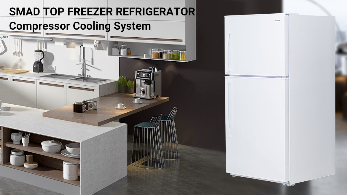 Smad appliances' top freezer refrigerator with compressor cooling system.