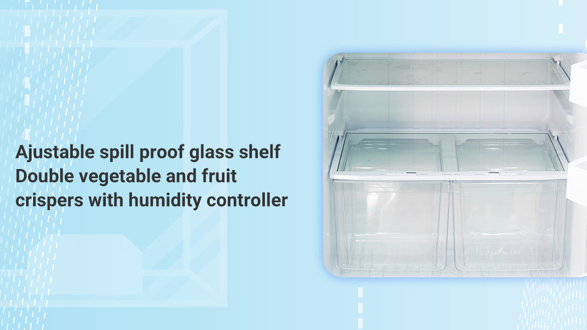 Smad appliances' adjustable spill-proof glass shelf and double vegetable/fruit crispers for organized storage.