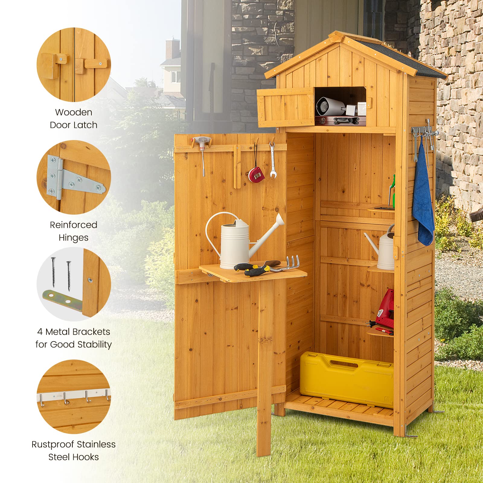 Goplus Outdoor Storage Shed, Wooden Garden Storage Cabinet with Lockable Doors