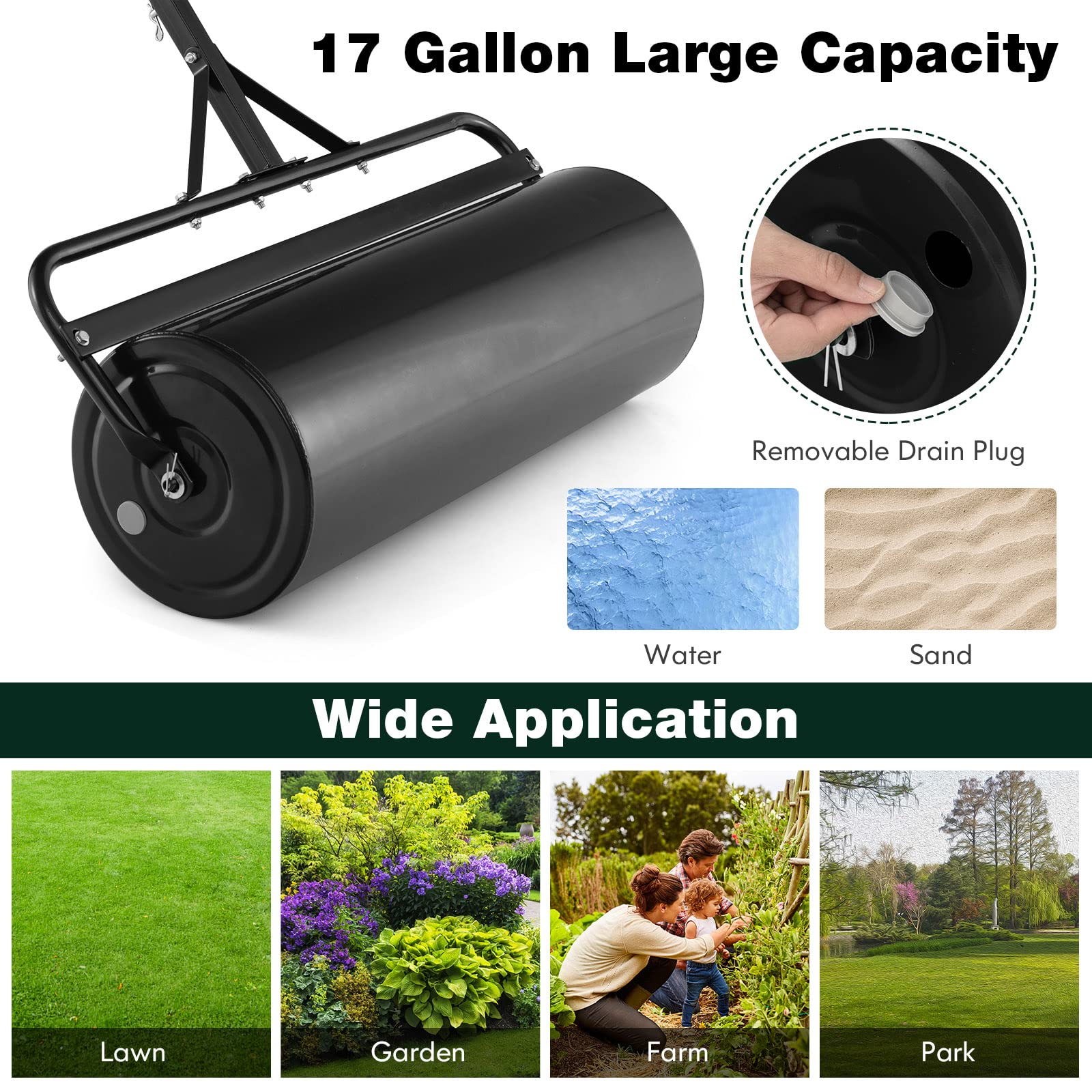 Goplus Lawn Roller, Push/Tow-Behind Lawn Roller, 17 Gallon/63L Water/Sand-Filled Sod Roller with Detachable Gripping Handle