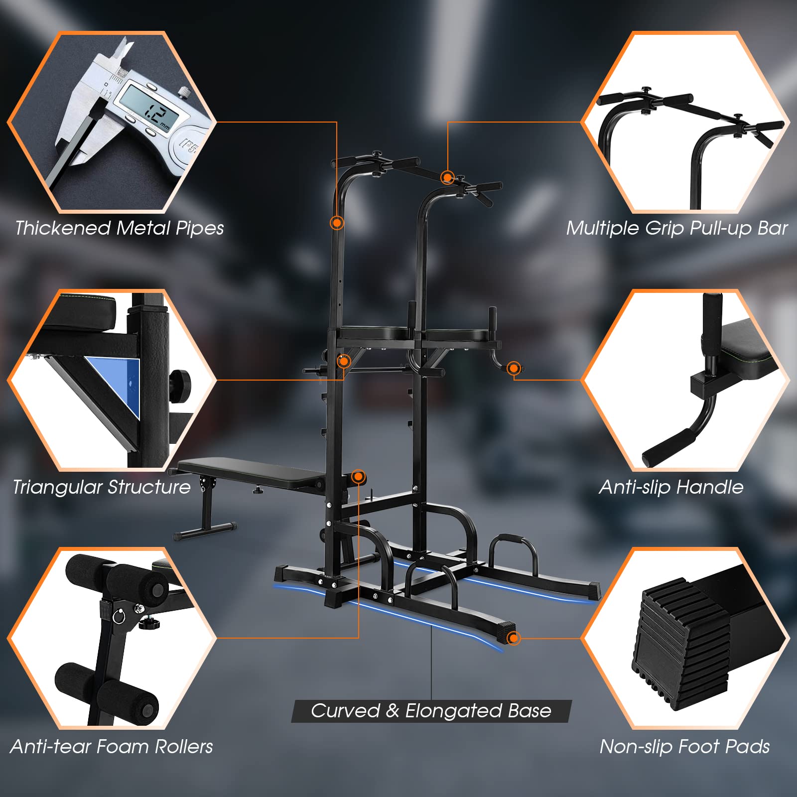 Goplus Power Tower with Bench, Multifunctional Home Gym Pull Up Bar Stand Dip Station w/ 7 Adjustable Heights & Foldable Weight Bench