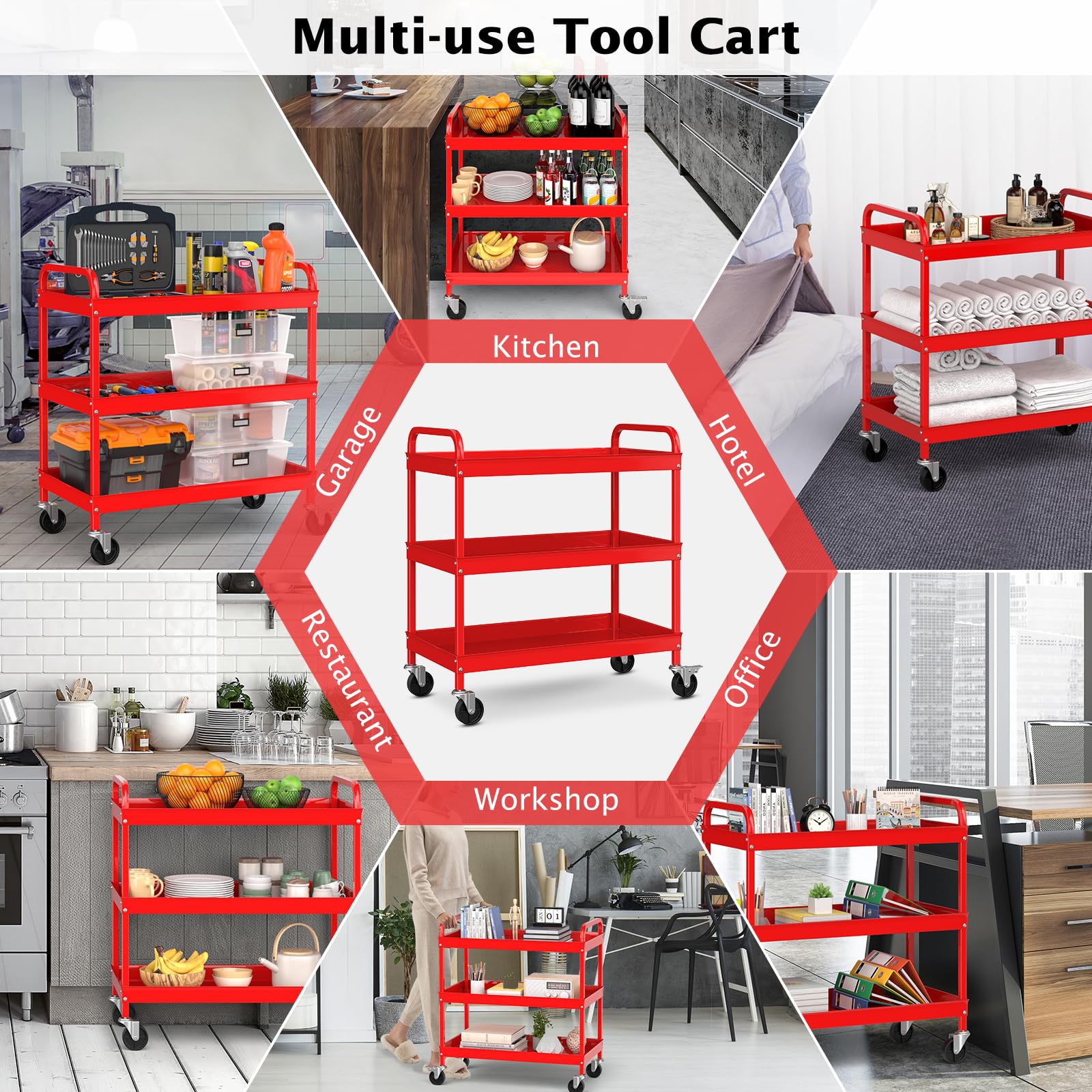 Goplus Service Cart, Heavy Duty 3-Tier Utility Cart with Flat Handle