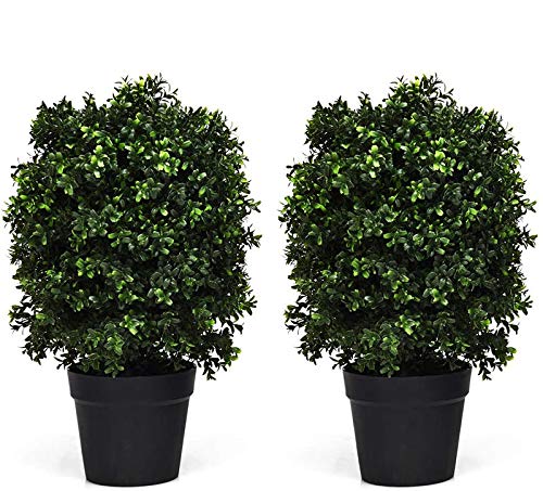 Goplus 2 Pack 2Ft Artificial Boxwood Topiary Ball Tree, UV-Proof Realistic Leaves & Cement-Filled Pot