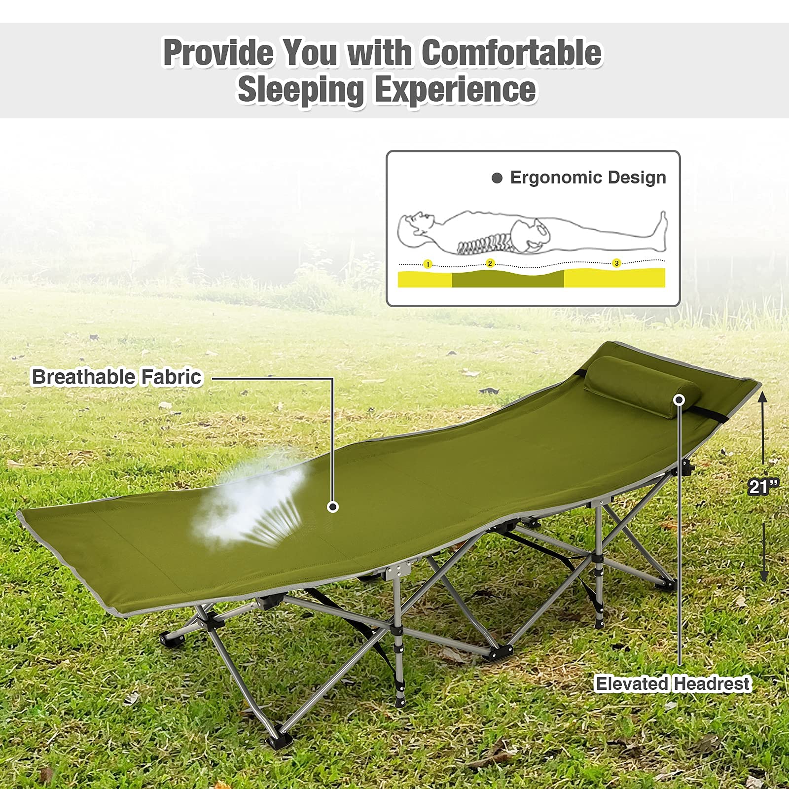 Folding Camping Cot, Heavy-Duty Comfortable Cot Bed for Adults Kids