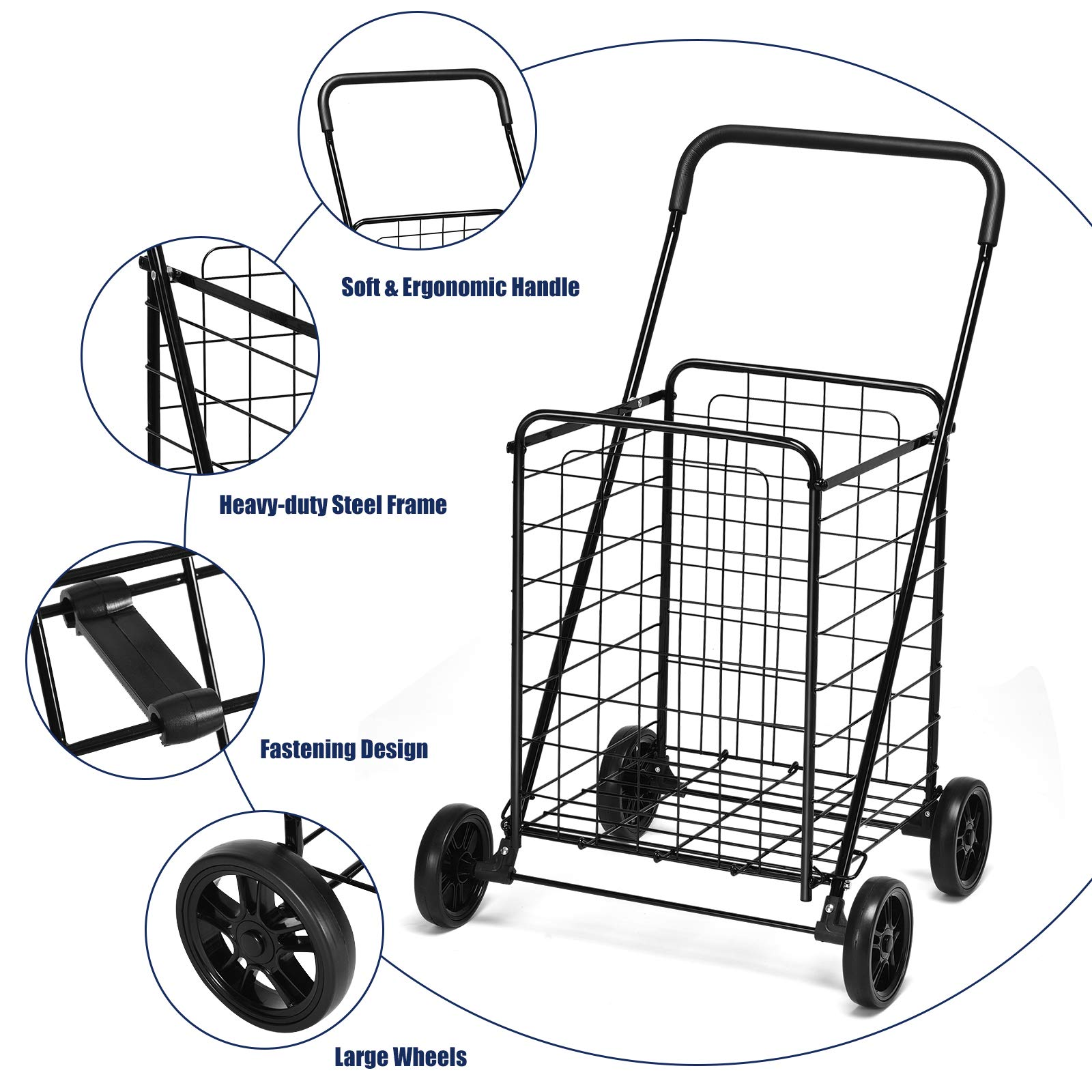 Goplus Folding Shopping Cart, Light Weight Utility Grocery Cart with Wheels, Portable Cart